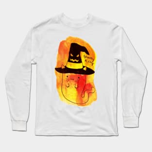 Halloween Ghost Cat Watercolor Long Sleeve T-Shirt